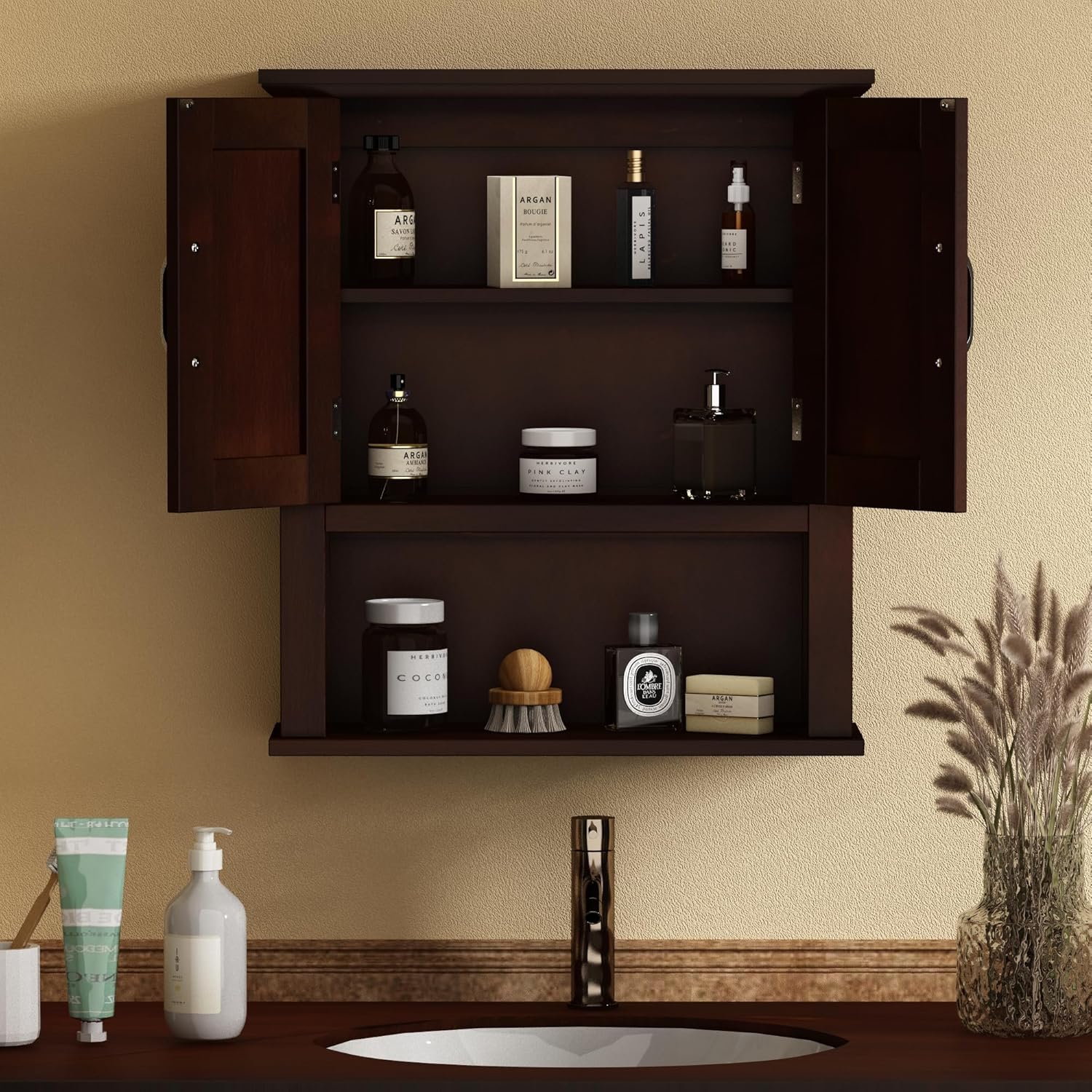 Wood Wall Cabinet with Doors, Medicine Cabinet with Adjustable Shelves Over The Toilet