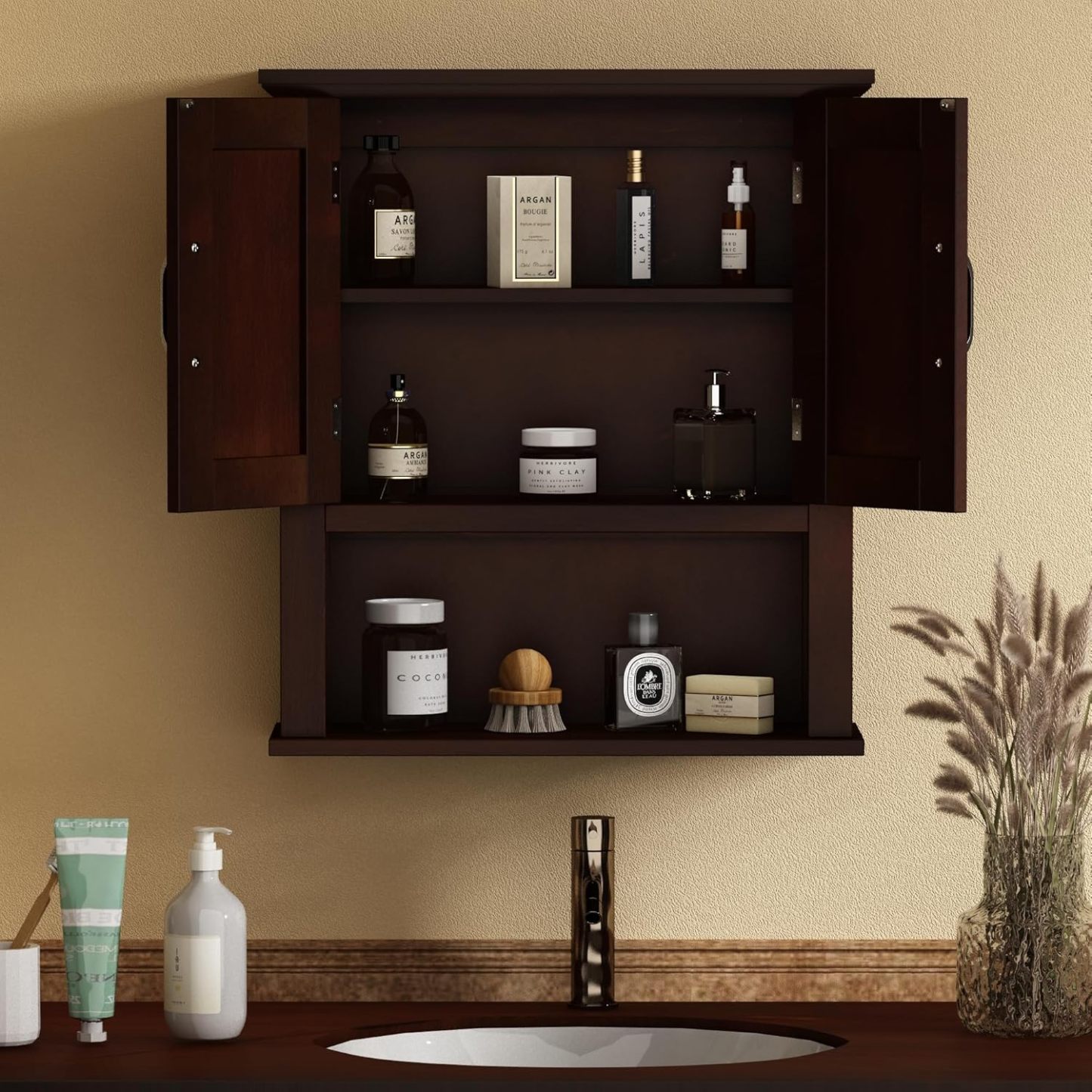 Wood Wall Cabinet with Doors, Medicine Cabinet with Adjustable Shelves Over The Toilet