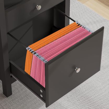 47" Black Desk with Drawers, Wood Home Office Computer Desk with Charging Station