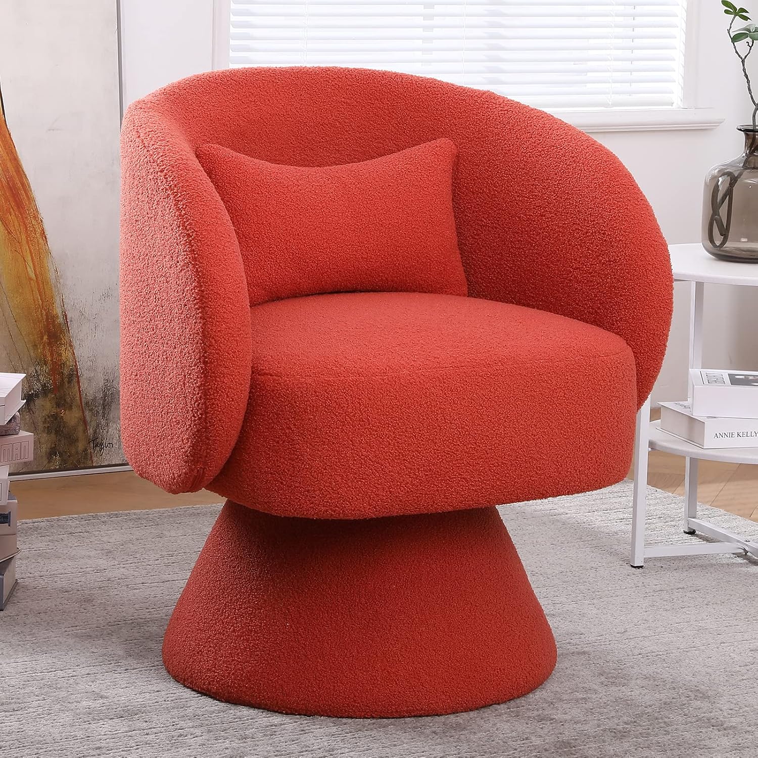 Swivel Barrel Chair, Teddy Accent Sofa Chair, Club Chair with Pillow, Arm Chair with Flared Base