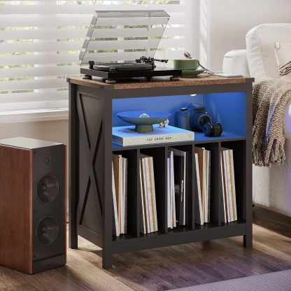 Large Record Player Stand with Charging Station & LED Light, Vinyl Record Holder hold up to 300 Albums