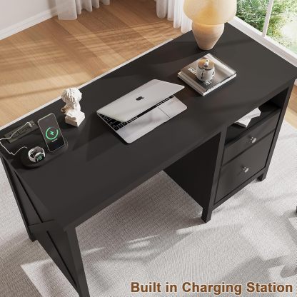 47" Black Desk with Drawers, Wood Home Office Computer Desk with Charging Station