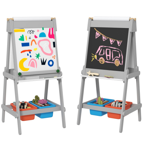 Easel for Kids with Paper Roll, Double Sided Whiteboard & Chalkboard for Toddlers Aged 3-8 Years Old