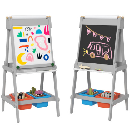 Easel for Kids with Paper Roll, Double Sided Whiteboard & Chalkboard for Toddlers Aged 3-8 Years Old