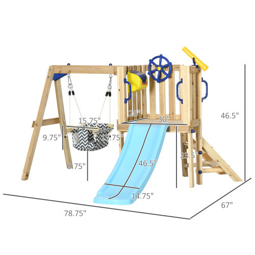 3 in 1 Wooden Swing Set Outdoor Playset with Baby Swing Seat, Toddler Slide, Captain's Wheel, Telescope, Kids Backyard Playground Equipment