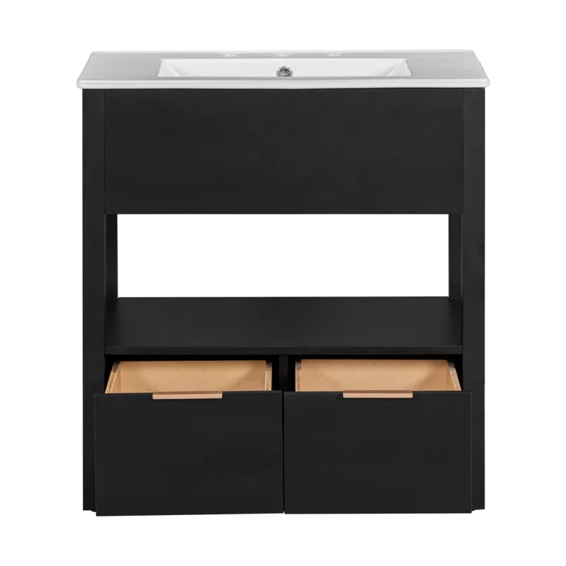 30" Black Bathroom Vanity with Sink Top, Bathroom Cabinet with Open Storage Shelf and Two Drawers