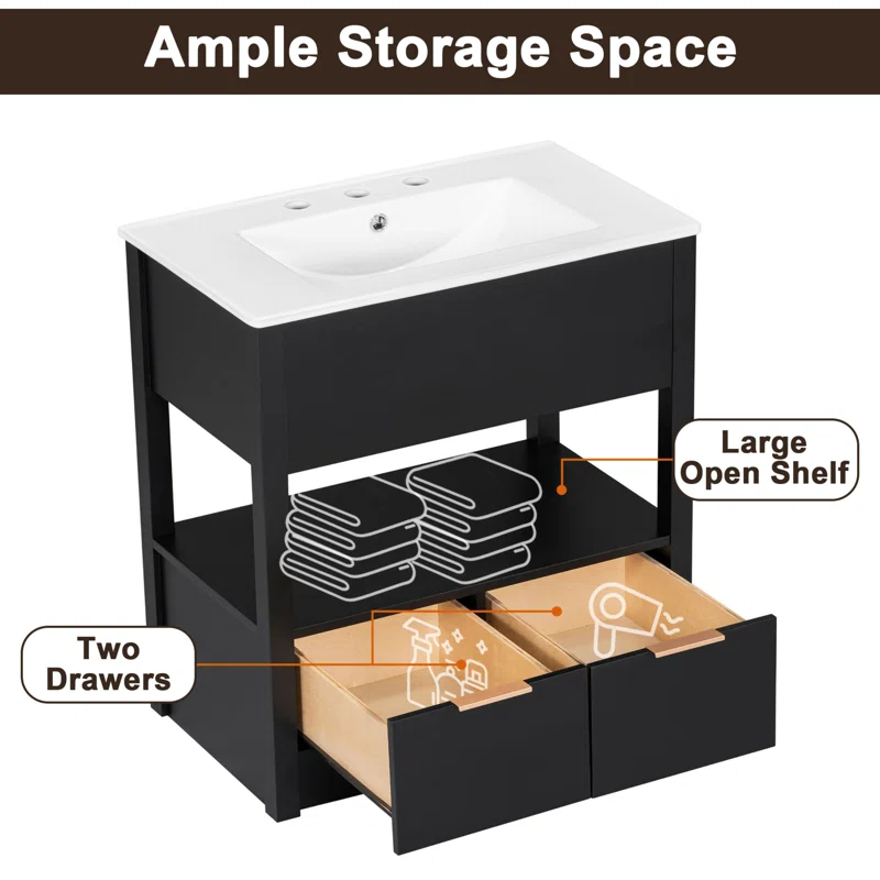 30" Black Bathroom Vanity with Sink Top, Bathroom Cabinet with Open Storage Shelf and Two Drawers