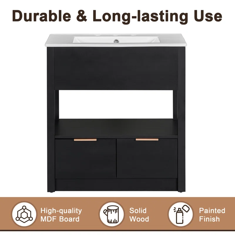 30" Black Bathroom Vanity with Sink Top, Bathroom Cabinet with Open Storage Shelf and Two Drawers