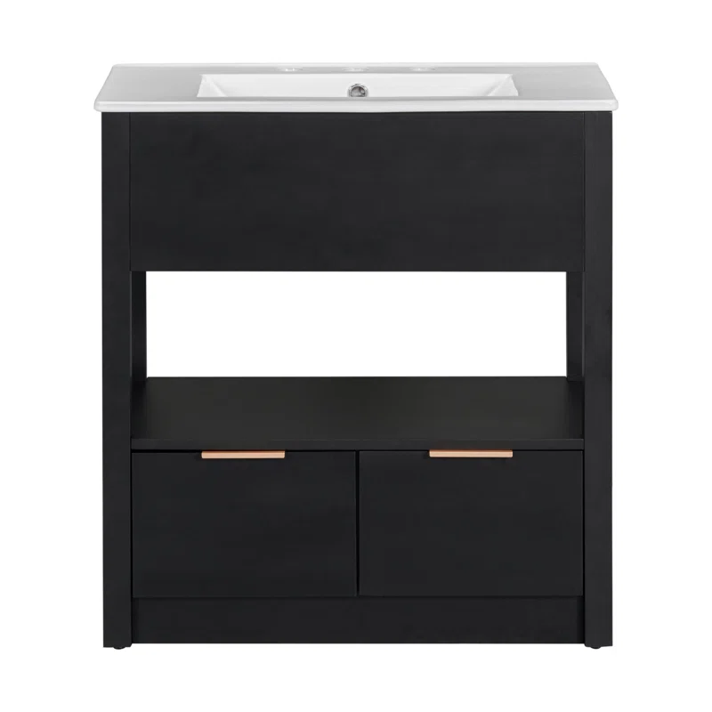30" Black Bathroom Vanity with Sink Top, Bathroom Cabinet with Open Storage Shelf and Two Drawers