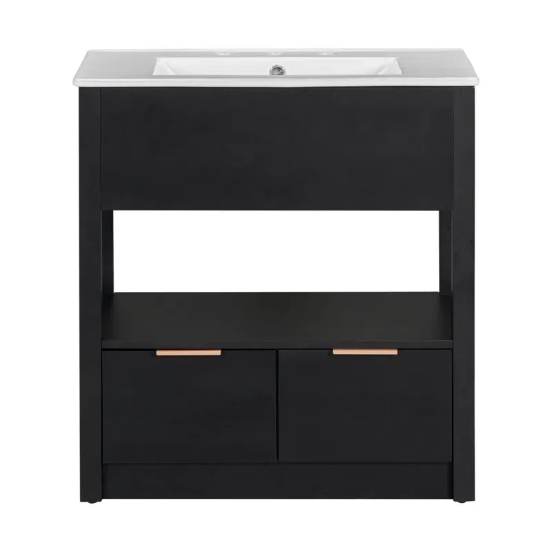 30" Black Bathroom Vanity with Sink Top, Bathroom Cabinet with Open Storage Shelf and Two Drawers