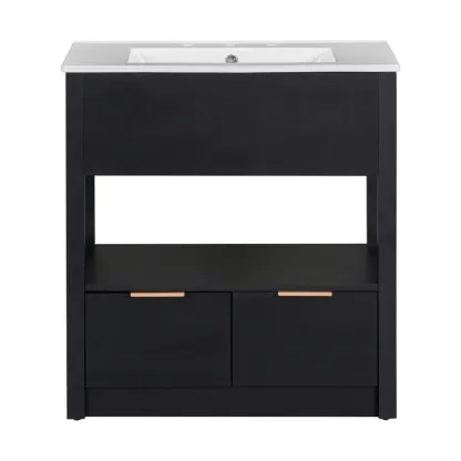 30" Black Bathroom Vanity with Sink Top, Bathroom Cabinet with Open Storage Shelf and Two Drawers