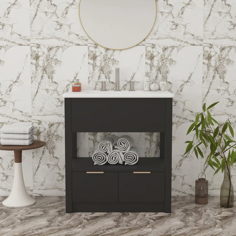 30" Black Bathroom Vanity with Sink Top, Bathroom Cabinet with Open Storage Shelf and Two Drawers