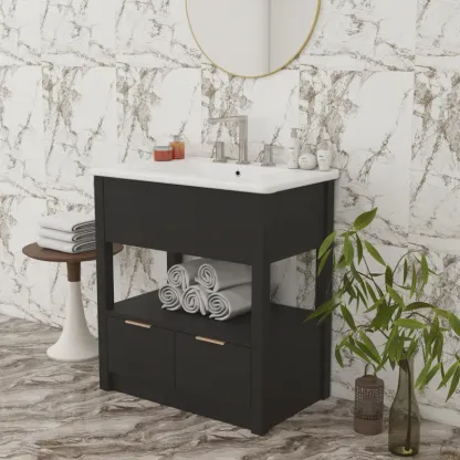 30" Black Bathroom Vanity with Sink Top, Bathroom Cabinet with Open Storage Shelf and Two Drawers