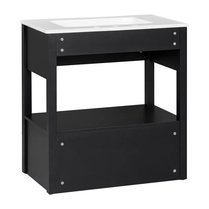 30" Black Bathroom Vanity with Sink Top, Bathroom Cabinet with Open Storage Shelf and Two Drawers
