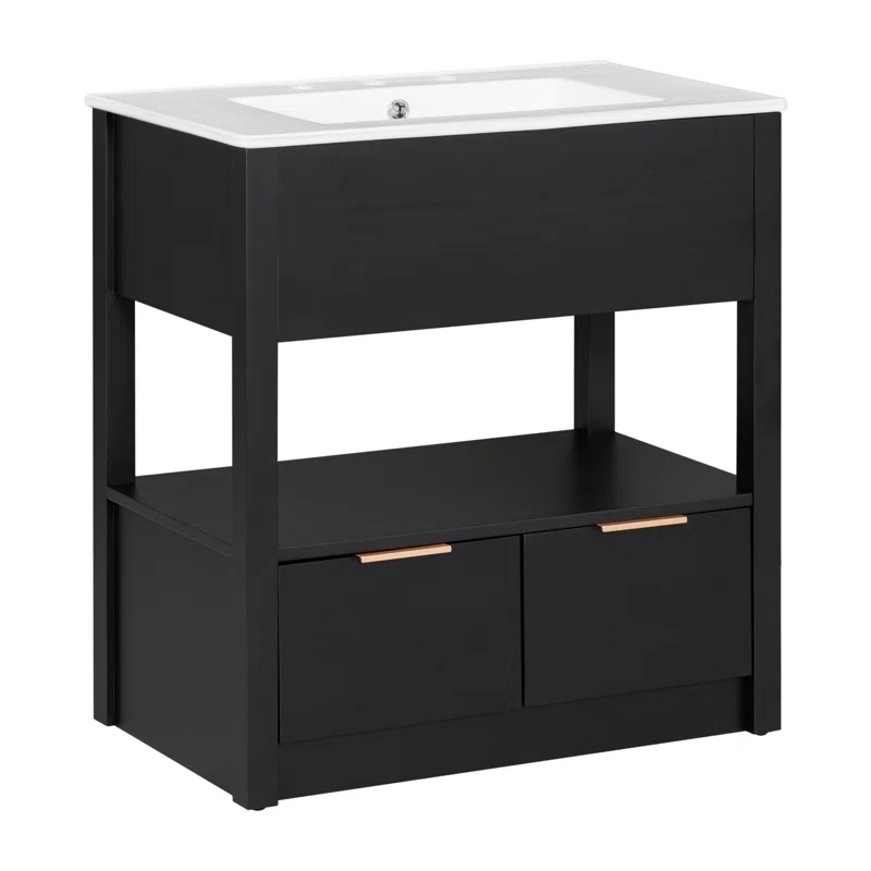 30" Black Bathroom Vanity with Sink Top, Bathroom Cabinet with Open Storage Shelf and Two Drawers