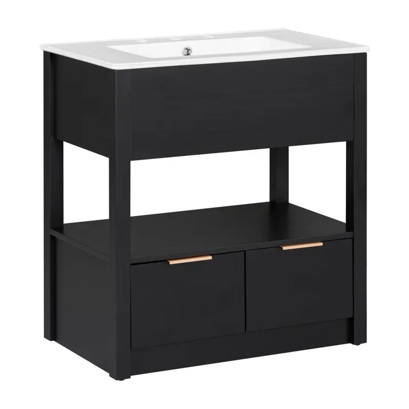 30" Black Bathroom Vanity with Sink Top, Bathroom Cabinet with Open Storage Shelf and Two Drawers
