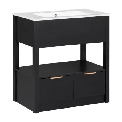 30" Black Bathroom Vanity with Sink Top, Bathroom Cabinet with Open Storage Shelf and Two Drawers