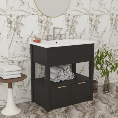 30" Black Bathroom Vanity with Sink Top, Bathroom Cabinet with Open Storage Shelf and Two Drawers