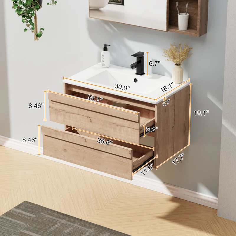 30" Modern Wall mounted Bathroom Vanity with Ceramic Sink Top, Faucet, Floating Cabinet