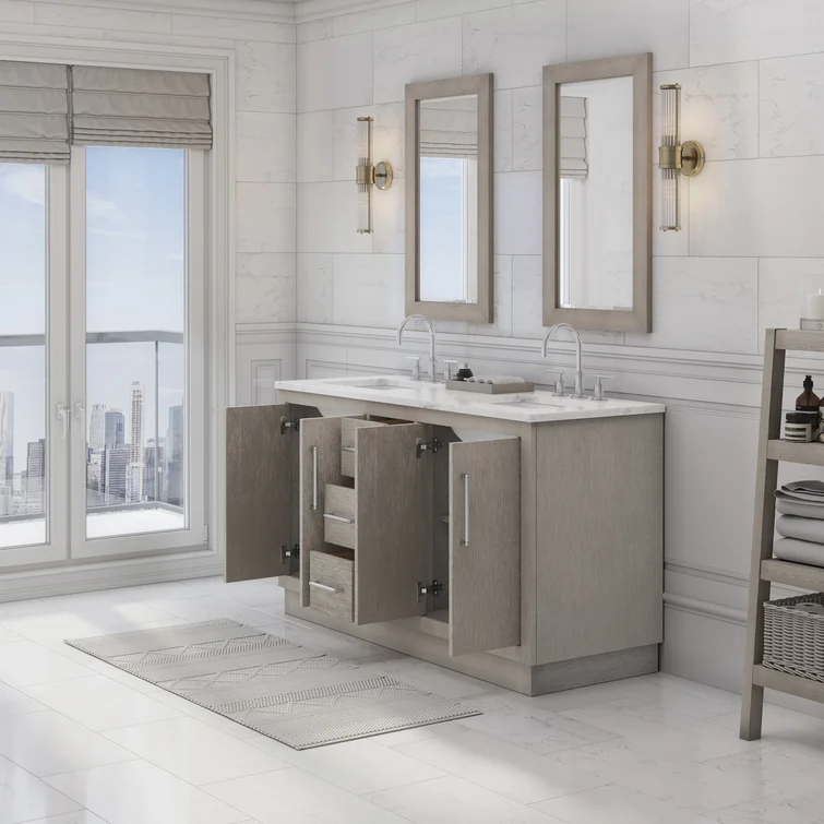 60" Carrara White Marble Countertop Bath Vanity in Gray Oak with Faucet