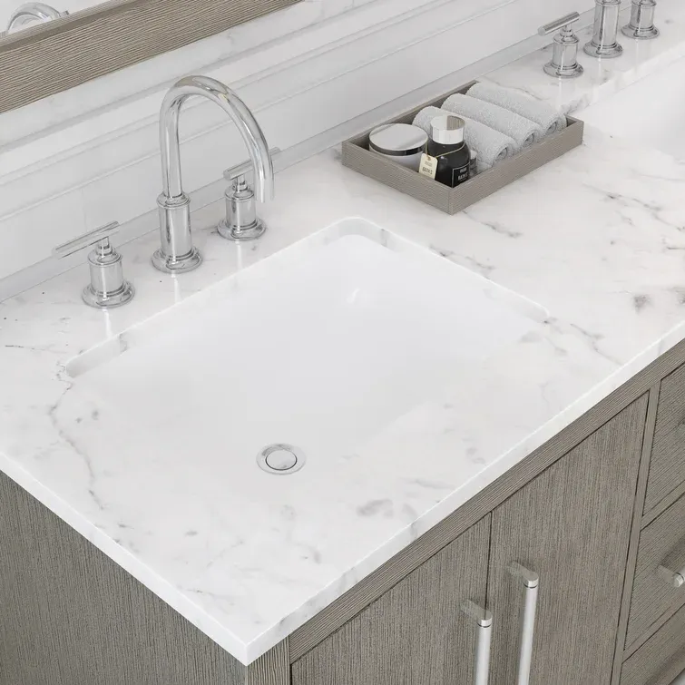 60" Carrara White Marble Countertop Bath Vanity in Gray Oak with Faucet