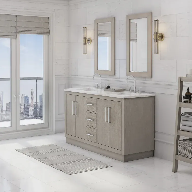 60" Carrara White Marble Countertop Bath Vanity in Gray Oak with Faucet