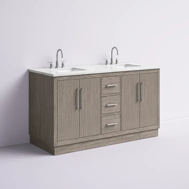 60" Carrara White Marble Countertop Bath Vanity in Gray Oak with Faucet