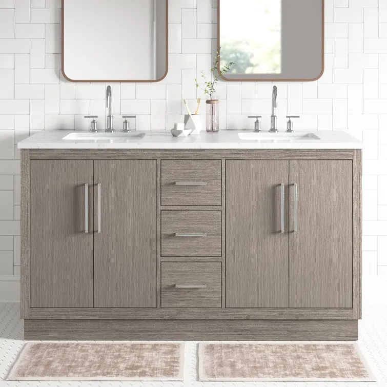 60" Carrara White Marble Countertop Bath Vanity in Gray Oak with Faucet