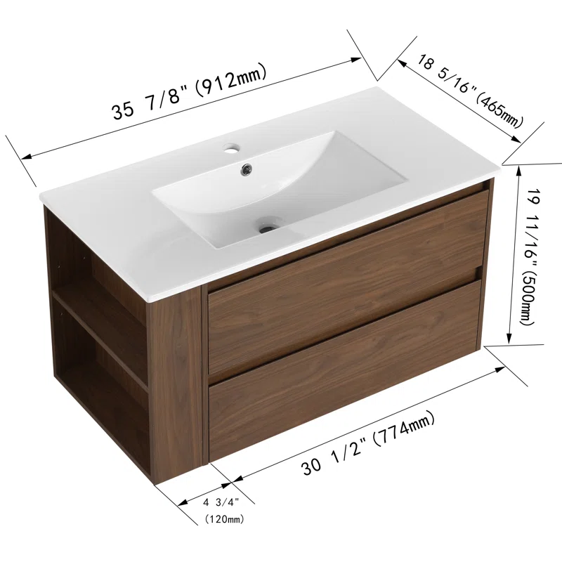 36'' Wall Mounted Single Bathroom Vanity with Resin Vanity Top