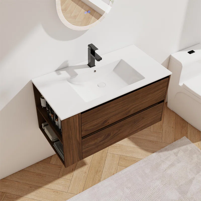 36'' Wall Mounted Single Bathroom Vanity with Resin Vanity Top