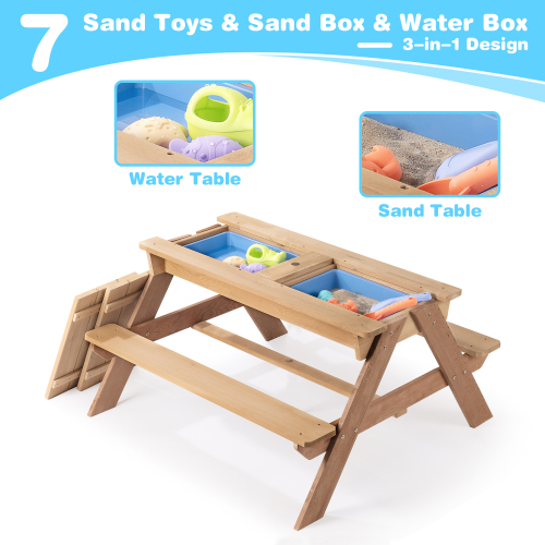 3-in-1 Kids Outdoor Wooden Picnic Table With Umbrella, Convertible Sand & Wate