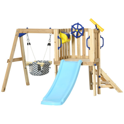 3 in 1 Wooden Swing Set Outdoor Playset with Baby Swing Seat, Toddler Slide, Captain's Wheel, Telescope, Kids Backyard Playground Equipment