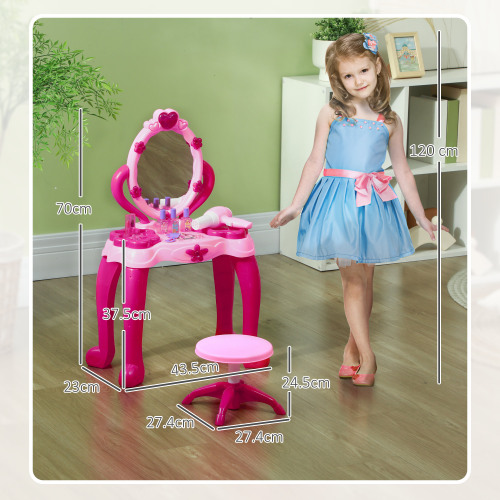 Kids Vanity Set with Mirror and Stool, Girls Makeup Table with Light and Sound, 15 Accessories, Pretend Play Set with Hair Dryer for 3-6 Years