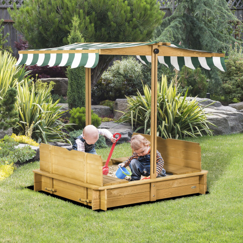 Wooden Kids Sandbox with Cover, Children Outdoor Sand Box with Foldable Bench Seats, Adjustable Canopy