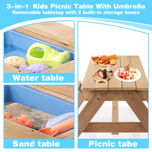 3-in-1 Kids Outdoor Wooden Picnic Table With Umbrella, Convertible Sand & Wate