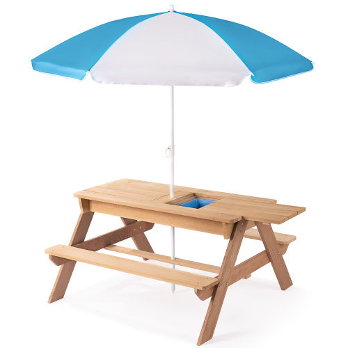 3-in-1 Kids Outdoor Wooden Picnic Table With Umbrella, Convertible San