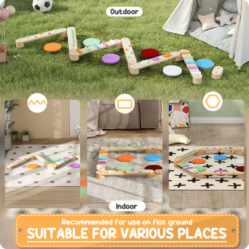 Kids Balance Beam, Wooden Balance Board with Stepping Stones, Gymnastics Obstacle Course for Toddlers 3-8 Years