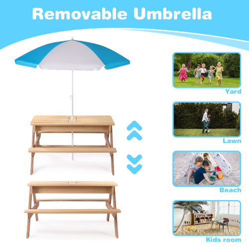 3-in-1 Kids Outdoor Wooden Picnic Table With Umbrella, Convertible Sand & Wate