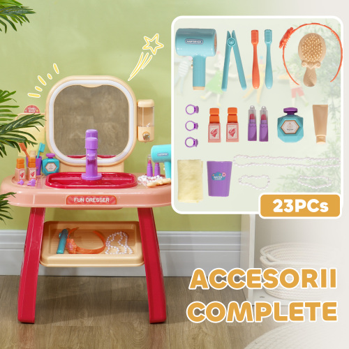 Toddler Makeup Table with Faucet, Mirror, LED Light, Music, 23 Accessories, Pretend Play Set for Girls 3-6 Years