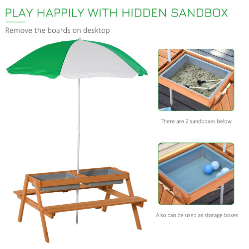 Kids Picnic Table with Umbrella and Storage Inside, Sand and Water Table, Kids Outdoor Furniture