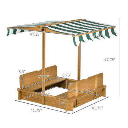 Wooden Kids Sandbox with Cover, Children Outdoor Sand Box with Foldable Bench Seats, Adjustable Canopy