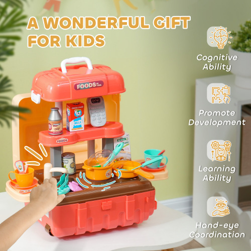 3 in 1 Kids Kitchen Playset, Foldable Play Kitchen Set Converted into Travel Luggage, 36Pcs Play Kitchen Accessories