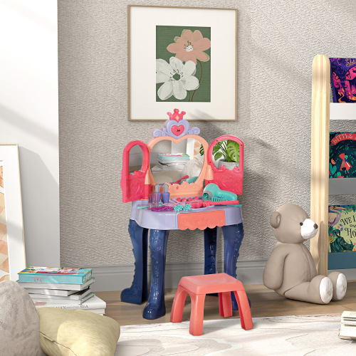 Kids Vanity Set with Mirror and Stool, Toddler Makeup Table with Music, Light, Drawer, Hair Dryer, 20 Makeup Accessories