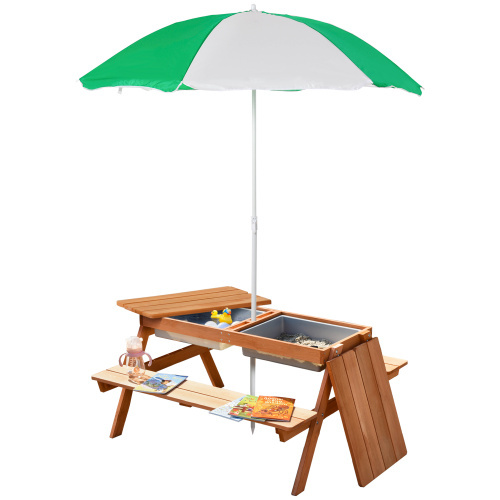 Kids Picnic Table with Umbrella and Storage Inside, Sand and Water Table, Kids Outdoor Furniture