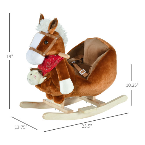 Bear-Shaped Plush Toddler Ride on Horse with Sound, Wooden Base & Safety Belt for 18-36 Months