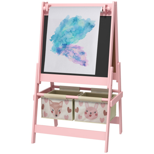 Art Easel for Kids with Paper Roll, 3 in 1 Toddler Painting Easel with Blackboard, Whiteboard, Storage Baskets