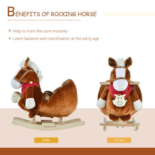 Bear-Shaped Plush Toddler Ride on Horse with Sound, Wooden Base & Safety Belt for 18-36 Months