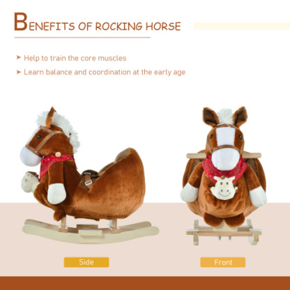 Bear-Shaped Plush Toddler Ride on Horse with Sound, Wooden Base & Safety Belt for 18-36 Months