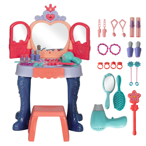 Kids Vanity Set with Mirror and Stool, Toddler Makeup Table with Music, Light, Drawer, Hair Dryer, 20 Makeup Accessories