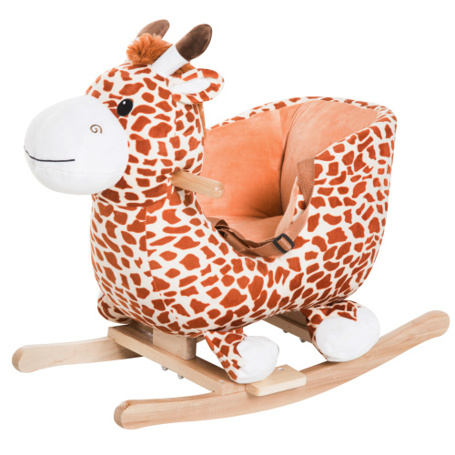 Bear-Shaped Plush Toddler Ride on Horse with Sound, Wooden Base & Safety Belt for 18-36 Months